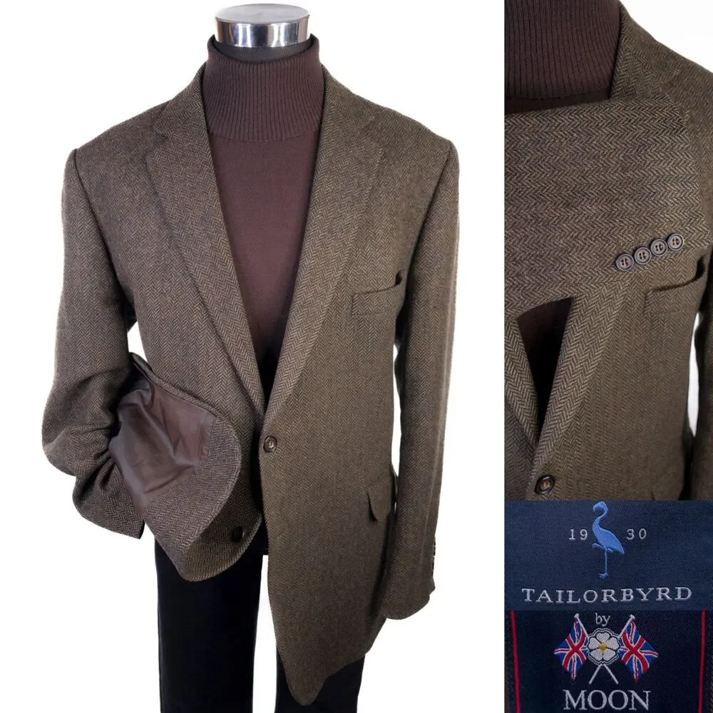 Tailorbyrd Fabric By MOON Herringbone Olive Green Blazer 48L Two Button Jacket
